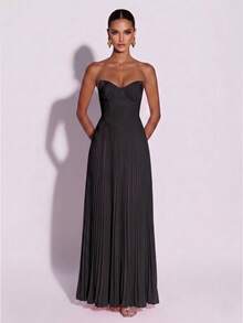 Romantic Sexy Women's Sleeveless Pleated Maxi Dress With Ruched Bandeau - Black - View 2