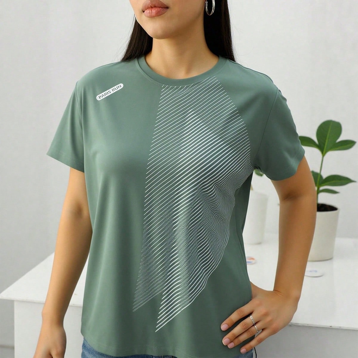 Pieza Camiseta de secado rápido para mujer, de seda de hielo de cuello redondo y manga corta, camiseta elástica y transpirable de secado rápido, ad