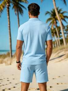 Bộ 2 món áo polo ngắn tay và quần short nam màu trơn, thích hợp cho đi biển, đi làm, tập gym, dã ngoại cuối tuần. - Màu xanh nhạt - Xem 2