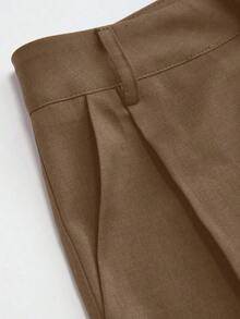 Mono de diseño minimalista Vela Rue con cierre de gancho y cremallera, pantalones anchos de color azul marino sólido semitransparente y ligeros, pantalones anchos de moda para todas las estaciones - Camel - Ver 3