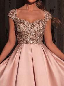 Women's Formal Cocktail Party Dress, Sparkling Sequins & Beaded Heart Neckline, Short Puff Sleeves Fitted Cut, Slightly Stretchy, Midi Length Skirt, Suitable For Weddings And Other Occasions - Champagne - View 4