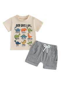 Summer Outfits Dinosaur Letter Print Round Neck Short Sleeve Tops With Solid Shorts Outfit - Beige - View 1
