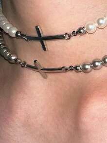 1件简约时尚Y2K甜美十字架珍珠叠层项链，适合日常佩戴和节日装扮 - 彩色 - 查看 2