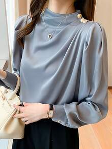 Áo cánh tay dài xếp ly cổ đứng thường ngày cho nữ, thích hợp cho mùa xuân/thu - Màu xanh lam - Xem 4