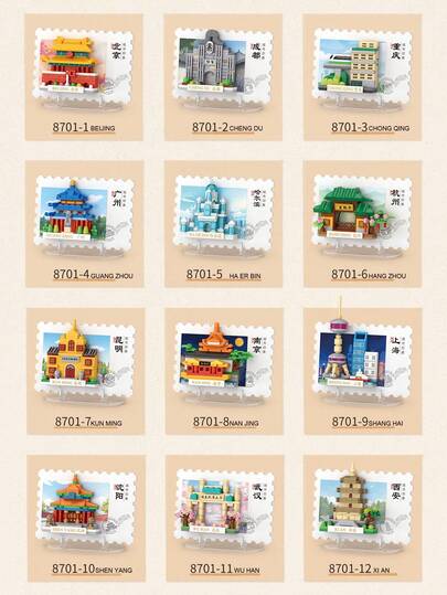 LOZ Bộ 1208 mảnh ghép hình bưu thiếp du lịch, nam châm dán tủ lạnh, bộ ghép hình 12 trong 1, khối xây dựng phong cảnh du lịch tự làm, khối xếp hình, món quà ngày lễ tuyệt vời nhất, quà lưu niệm sưu tầm.