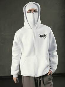 Balaklava, A Must-Have Item For Social Anxiety Sufferers. A Face-Covering Style, Loose Large-Sized And Long Double-Layered Hooded Zipper-Style Pullover Hoodie And Hooded Sweater. Suitable For Men's Autumn/Winter Clothing, Halloween Costumes, Christmas Costumes, Men's Outerwear, Fashionable Style, Men's Hooded Sweater. - 白色 - 查看 2