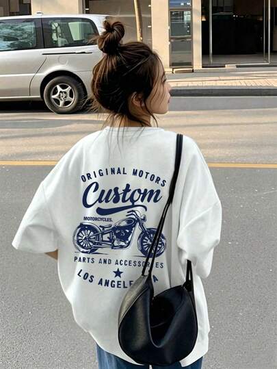 プラスサイズ レディースTシャツ - バイクグラフィックTシャツ | 快適な新作カジュアル半袖トップス | ラウンドネック 夏用ウェア - ホワイト