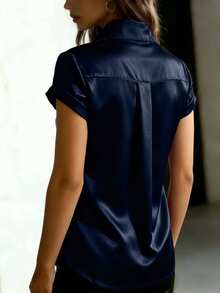 Women's Satin Collared Short Sleeve Shirt, Front Button Closure, Fitted Formal Blouse Summer - Navy Blue - View 4