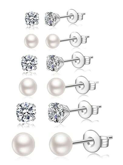Bộ 6 khuyên tai sụn bằng thép không gỉ JewelrieShop - Phù hợp cho nữ, bao gồm khuyên tai ngọc trai và khuyên tai đính đá Cubic Zirconia hình cầu, bộ khuyên tai tinh tế dành cho nhiều vị trí xỏ khuyên.