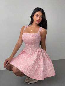 Vestido elegante de longitud media con estampado de jacquard para mujer en verano - Rosa - Ver 12