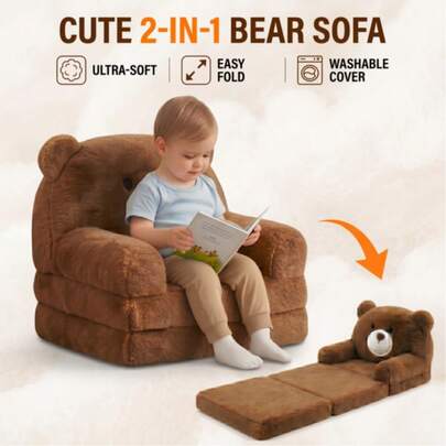 泰迪熊毛绒可折叠儿童沙发，便携式幼儿椅/沙发床，适合卧室、游戏室，舒适座椅，绝佳的生日圣诞礼物