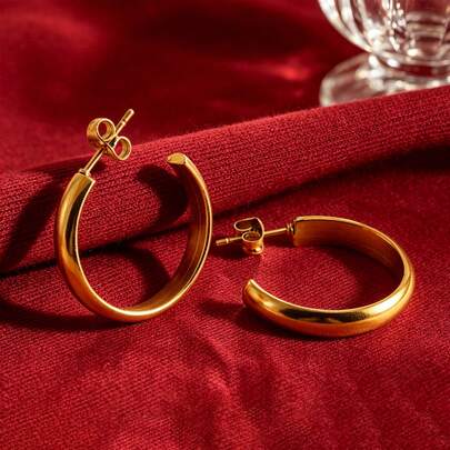1 Pair 18K Gold Plated 304 Stainless Steel Matte Wide C-Shaped Hoop Earrings, Minimalist & Elegant Women's Earrings, Hypoallergenic & Anti-Oxidation