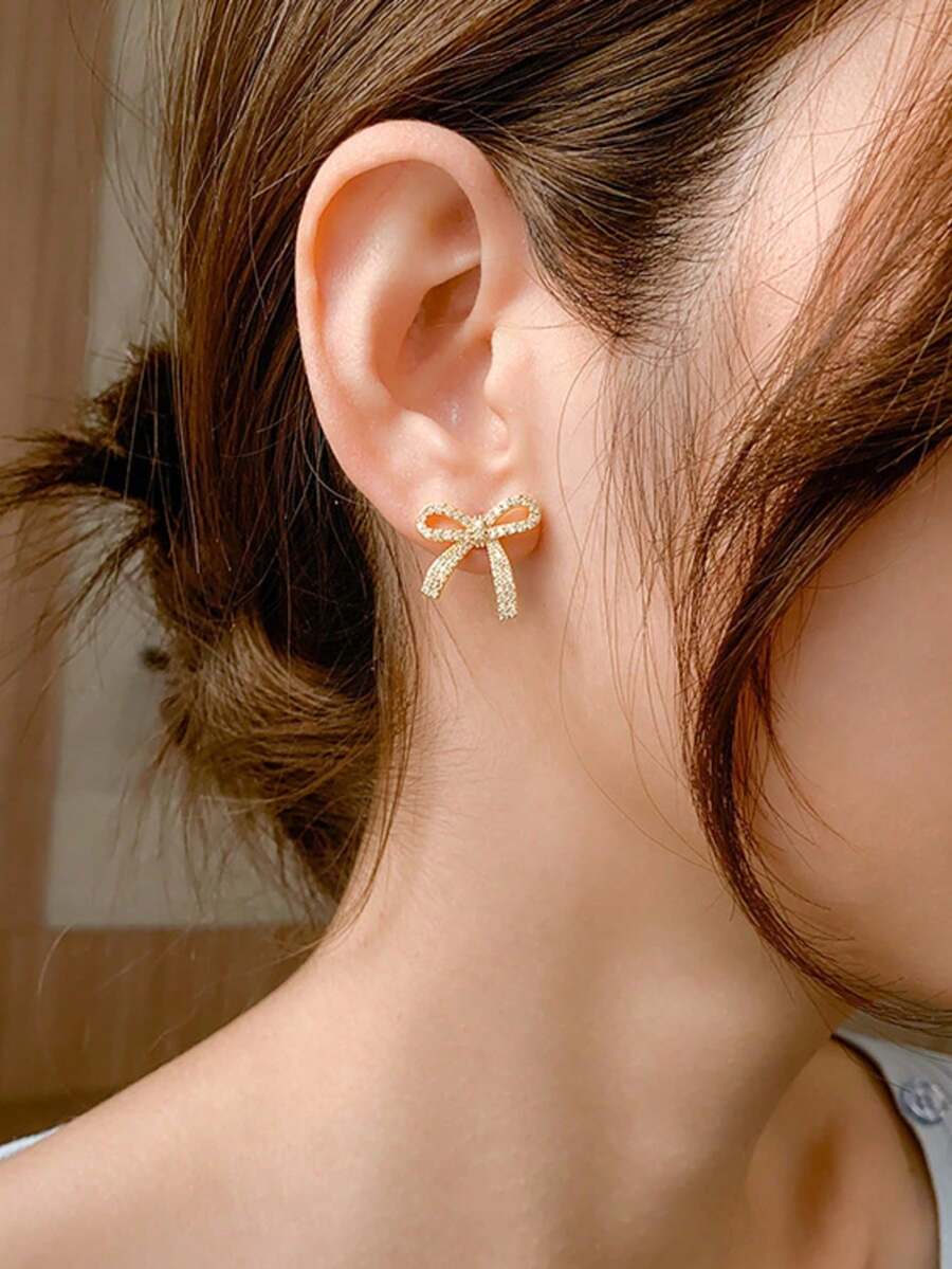 1 Pair New Elegant Fashion Bowknot Earrings, Simple Versatile Sparkling Rhinestone Earrings - Gold - View 1