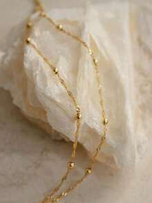 1 Set Fashionable Copper Beaded Chain Anklet, Minimalist Personalized Double-Layer Twist Chain Foot Jewelry For Women - Gold - View 3