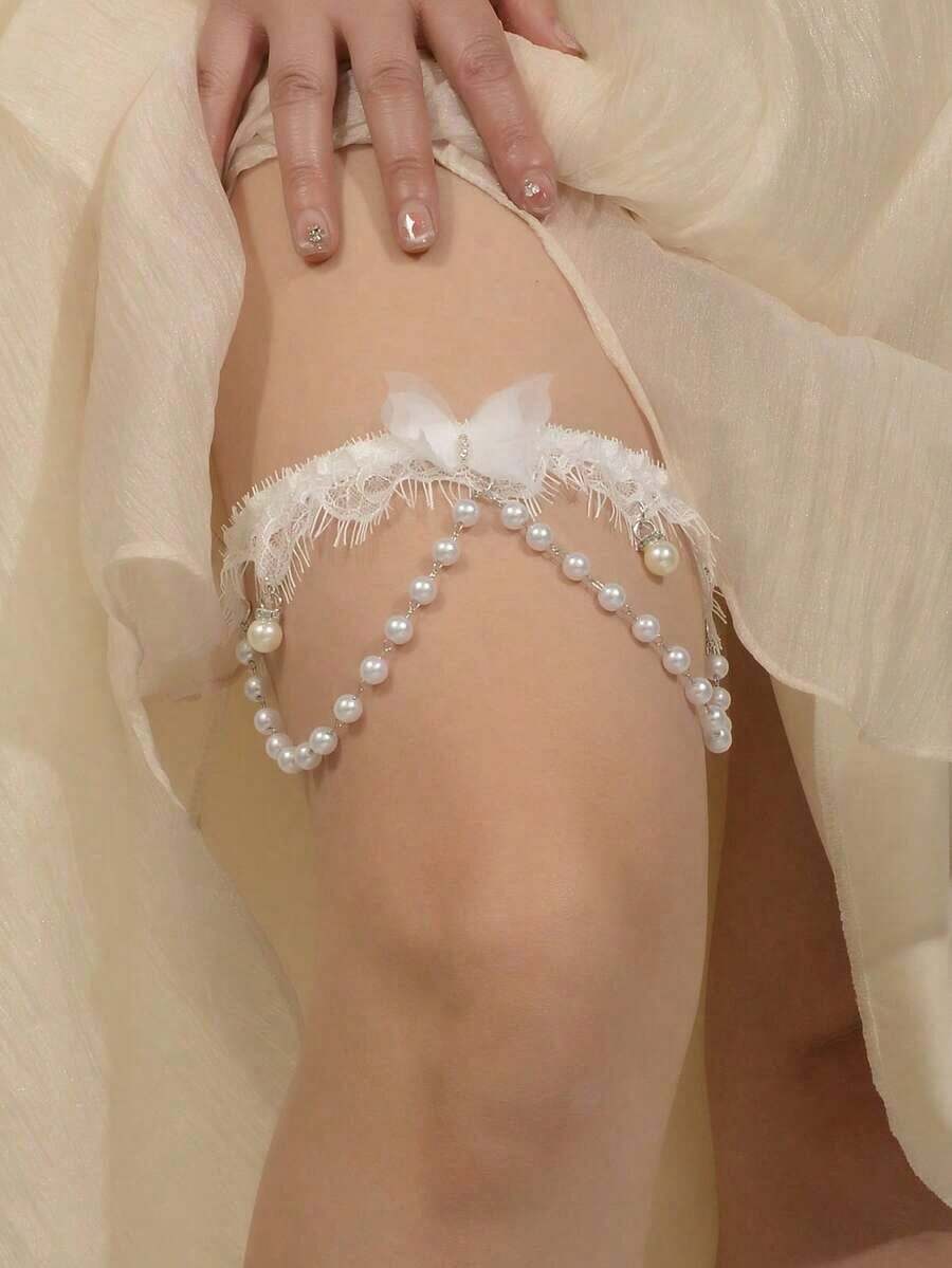 1pc White Lace Leg Chain For Bride With Faux Pearl Chain And Butterfly Decoration - 白色 - 查看 1