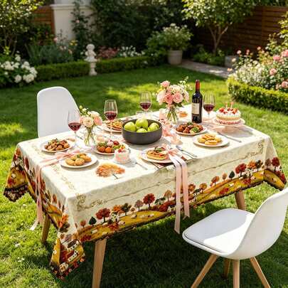 1-Pack 2D Flat Print Autumn Country Cabin Tablecloth, Polyester Fiber Tablecloth, Retro Autumn Harvest Landscape Table Mat, Suitable For Home Dining, Kitchen, Living Room, Outdoor Picnic, B&B Decoration, Easy-To-Clean Tabletop Protective Cover For Indoor And Outdoor Use