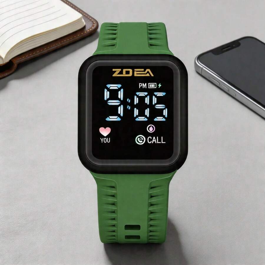 ZOEA Men's LED Touchscreen Watch, Waterproof Silicone Strap, Sporty And Casual Design - 綠帶黑殼 - 查看 1