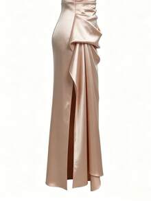 Elegant Spring/Summer Satin Off Shoulder Mid-Length Party Dress, Women's Solid Color Pleated Formal Gown For Wedding Guest, Mother's Day - Champagne - View 10