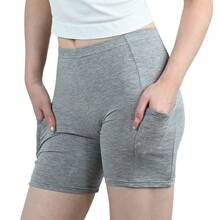 Pantalones de  de cintura alta de algodón para mujer, ambos lados del bolsillo, sin rodamiento, bragas de  transpirables de verano para pantalones cortos - Gris - Ver 3