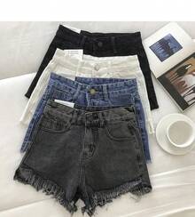 Pantalones cortos vaqueros con dobladillo crudo para mujer, Shorts de pierna ancha, color blanco, negro y azul, estilo coreano, Verano - Blanco - Ver 3