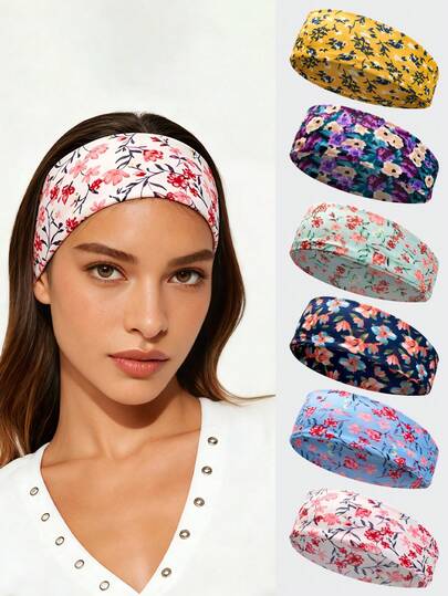 6条装花卉图案宽发带，女士适用：瑜伽头巾，吸汗透气。时尚柔软防滑运动发饰。弹力设计，适合跑步、篮球、健身和日常佩戴。