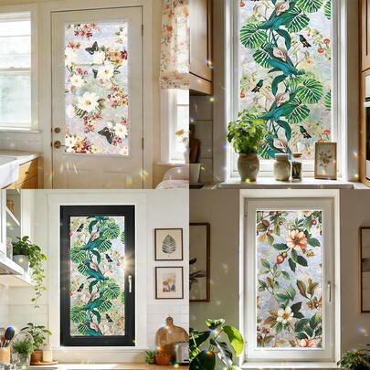 1/3pcs Floral Tropical Leaf Stained Glass Window Film,Reusable Suncatcher Static Cling Effect Decals Window Privacy Film For Bathroom Sliding Door Home Office Decorative