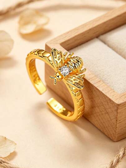 1 Pieces Original 925 Sterling Silver Open Rings For Women Shine Golden Color Detailed Bee Adjustable Design Elegant Jewelry Gift Fits Wear For Daily Banquets And Parties