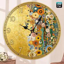 2D Flat, Single-Piece Wooden Baby Room Wall Clock - Golden Klimt Style Floral Mosaic, Luxurious Art Deco Style, Suitable For Living Room, Baby Room, Dining Room, Office - Perfect Gift For Mother's Day And Christmas - Battery Powered (AA Batteries Not Included), 2D Flat Design,Valentines Gift,Graduation,Mother Giftsr,Room Deocr,Wall Deoc,Home Essentials - 1pcs/10in/25cm - View 3