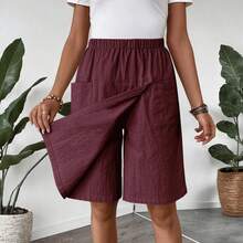 Nueva moda para mujer, pantalones cortos informales con bolsillo y cintura elástica de Color sólido, culottes ligeros y acogedores para verano - Vino - Ver 4