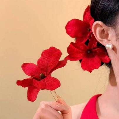 2pcs Women's Elegant Red Faux Flower Hair Clips, Suitable For Daily Use, Home, School, Beach, Office, Party, Festival, Birthday, Back To School, New Year, Valentine's Day, Mother's Day, Christmas, Wedding, Music Festival, Graduation Season, Spring/Summer