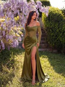 ADYCE Đầm dạ hội maxi dài tay lệch vai thanh lịch, phối ren, xẻ tà, thắt eo bằng ruy băng, thích hợp cho dạ hội, tiệc sinh nhật, hẹn hò, họp mặt gia đình, dự đám cưới, tiệc tối trang trọng mùa xuân. - xanh quân đội - Xem 6