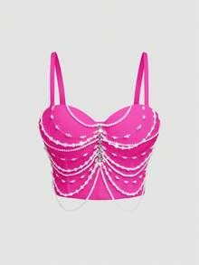 Top Bustier Sexy com Design de Corrente de Pérolas e Borla, Estilo Único de Nicho para Festival de Música, Camisole Casual de Verão para Mulheres - Pink - Visão 4