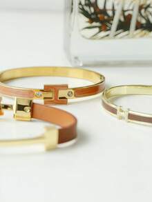 3pcs Fashionable Chic Golden Letter Leather Bracelets, Personalized Accessories Gift For Girlfriend - 3-piece Set - Brown Combination - View 7