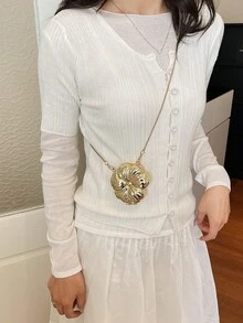贝壳造型装饰包，迷你晚宴包，女士个性化时尚链条口红包，适合情人节、派对、约会、单肩包、零钱包、金色耳机包、女士礼物、硬壳收纳包 - 金色 - 查看 4