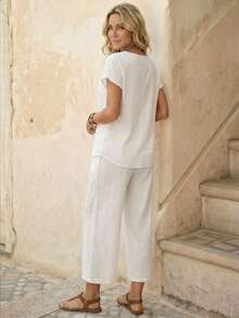 Conjunto Dos Piezas Mujer Blanco, Blusa Cuello Redondo Mangas Cortas Holgada, Pantalones Largos Anchos Culotte, Tejido De Lino Ligero Fresco Transpirable, Estilo Minimalista Boho Natural Chic Ideal Para Looks Diarios Veraniegos Y Vacaciones - Verde militar - Ver 7