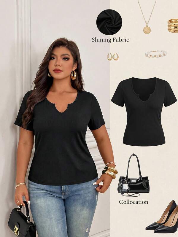 Plus Size V-Neck Short Sleeve T-Shirt, Stretchy Fabric, Regular Length Casual Black Summer