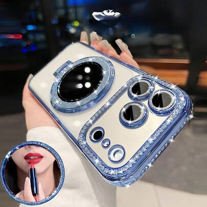 Luxury Shiny Rhinestone Lens Protection Plated Anti-Drop Phone Case, With Shiny Sequin Makeup Mirror Finger Ring Holder, High-Quality Shock-Proof Frame Back Cover, Suitable For 17promax 16promax 15promax 14promax 13promax 14pro 16pro 15pro17 16 15/14/13/12/11/X/XS Max/XR/Pro Plus Premium Elegant Refined Phone Case