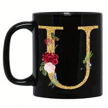 1pc Gold Letter & Floral Print Ceramic Coffee Mug, Beautiful & Practical Gift For Women, Girls, Office, Home Use - Black - View 18