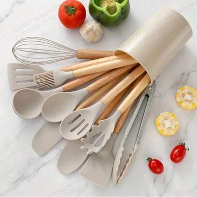 Utensilios de cocina de silicona con mango de madera, espátula, cuchara, pinzas resistentes al calor, accesorios para batir, herramientas de cocina