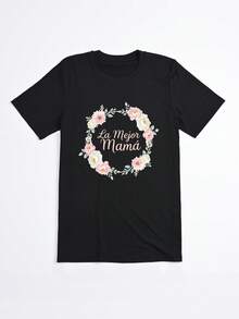 Camiseta Negra con Estampado Floral y Texto La Mejor Mama para Mujer Casual - Negro - Ver 2