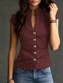 Camisa de mujer elegante, urbana y moderna de estilo casual, de un solo pecho, con diseño de bolsillo falso y cuello en V, a rayas azul marino y blanco. Blusa de oficina/trabajo, cárdigan de verano, blusa para exteriores, blusa a rayas azul y blanco, camisa ajustada. - Burdeos - Ver 4