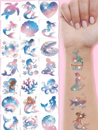 108 piezas de tatuajes temporales de lentejuelas de sirena precortados - Lindos recuerdos para fiestas temáticas de sirenas bajo el mar, perfectos para cumpleaños con temática de océano y sirenas