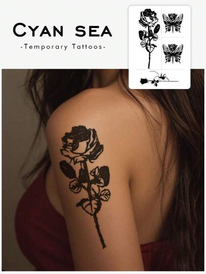 1 Sheet Of Tattoo Stickers, Dark Style Black Rose Butterfly Floral, Temporary Tattoo Stickers, Washable, PVC, Disposable, Waterproof And Sweatproof, For Arms, Waist, Abdomen, Back, Legs, Non-Reflective, Realistic Imitation Tattoo, Suitable For People, For Daily Use, Lasting 3-5 Days