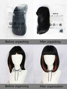 Peluca negra corta y recta de 12 pulgadas con flequillo, reflejos marrones, sintética resistente al calor de apariencia natural para uso diario de mujeres - Multicolor - Ver 9