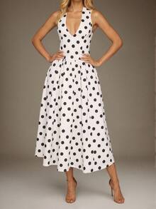 一件装 - 畅销款波点领连衣裙。深V无袖修身连衣裙，裙摆宽大。法式风格显瘦夏季派对连衣裙。 - 彩色 - 查看 4