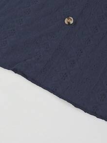 V-Neck Lace Patchwork Hollow Out Embroidery Front Button Spring/Summer Short Sleeve Top - Navy Blue - View 4