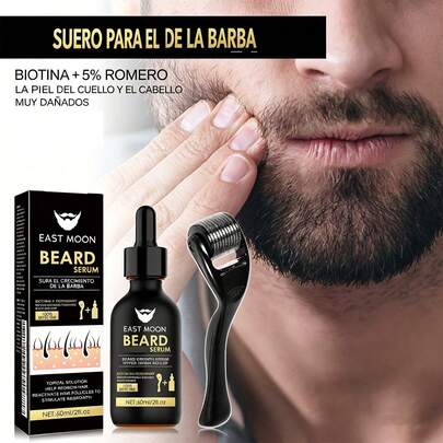 EAST MOON Suero de Barba con Biotina y Romero 5% Kit de Cuidado Capilar para Hombres Tratamiento Nutritivo para Folículos Fortalece y Estimula el Crecimiento Incluye Rodillo Dérmico