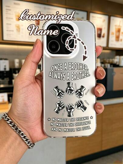 Custodia personalizzata per telefono trasparente con rilievo a forma di pugno, cover protettiva con nome personalizzato "Fratelli per sempre", design alla moda e unico adatto per iPhone, regalo unico per fratelli, migliori amici, sposi
