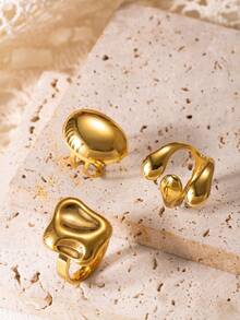 3pcs Minimalist Artistic Stainless Steel Gold Rings Set For Women With Asymmetrical Mirror, Water Drop, Geometric Designs, Suitable For Daily Wear, Festivals, Dates, Engagement, Wedding, Gift For Friends, Best Friends, Girlfriend - Gold - View 6