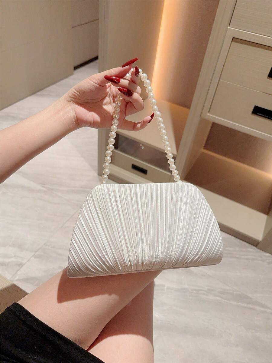 Túi Moonlit Eve, 1 chiếc ví cầm tay satin xếp ly tối giản, túi xách đính ngọc trai lãng mạn, thích hợp cho các bữa tiệc, đám cưới, lễ tốt nghiệp, có thể phối cùng trang phục lễ hội, váy dạ hội và váy đính sequin.